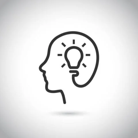 design Head with bulb icon on gray background. Vector icon.